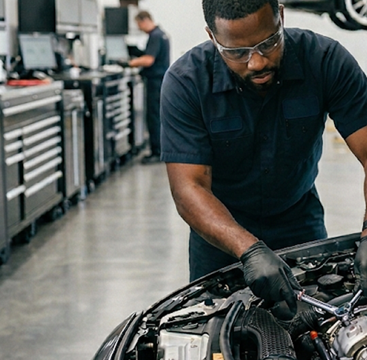 Service technician working under hood